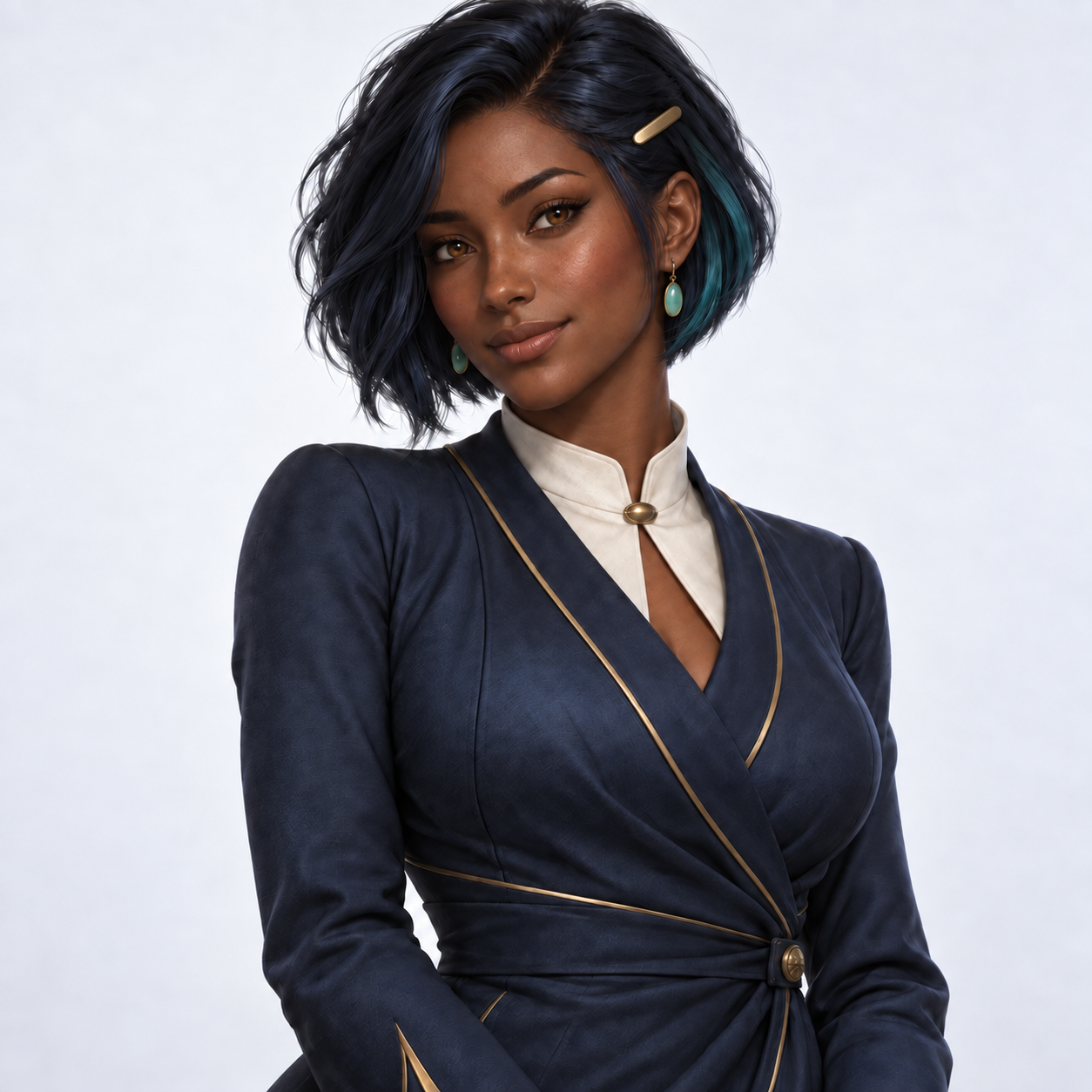 Nia, a Black woman with deep warm-brown skin, an asymmetric ink-dark bob, a brass barrette, and a navy wrap dress